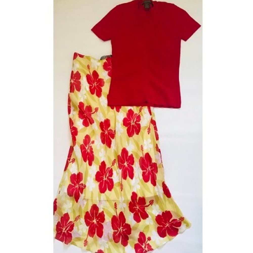 Agatha yellow-red flower chiffon max skirt Size P